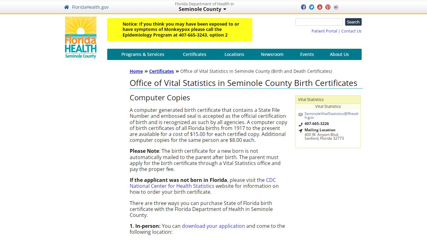 Office of Vital Statistics in Seminole County Birth Certificates